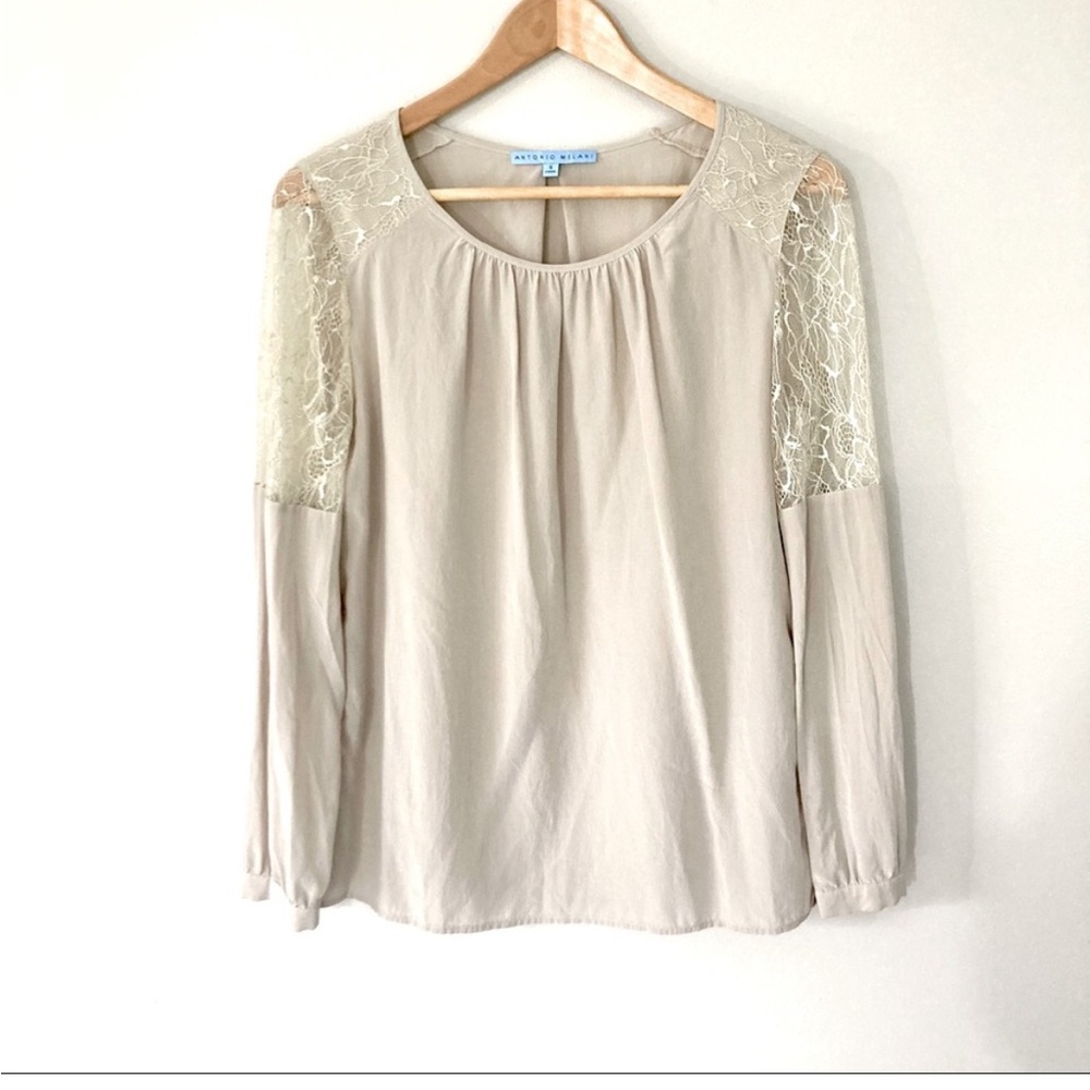 Antonio Melani Silk Blouse Top Lace Detail Neutral